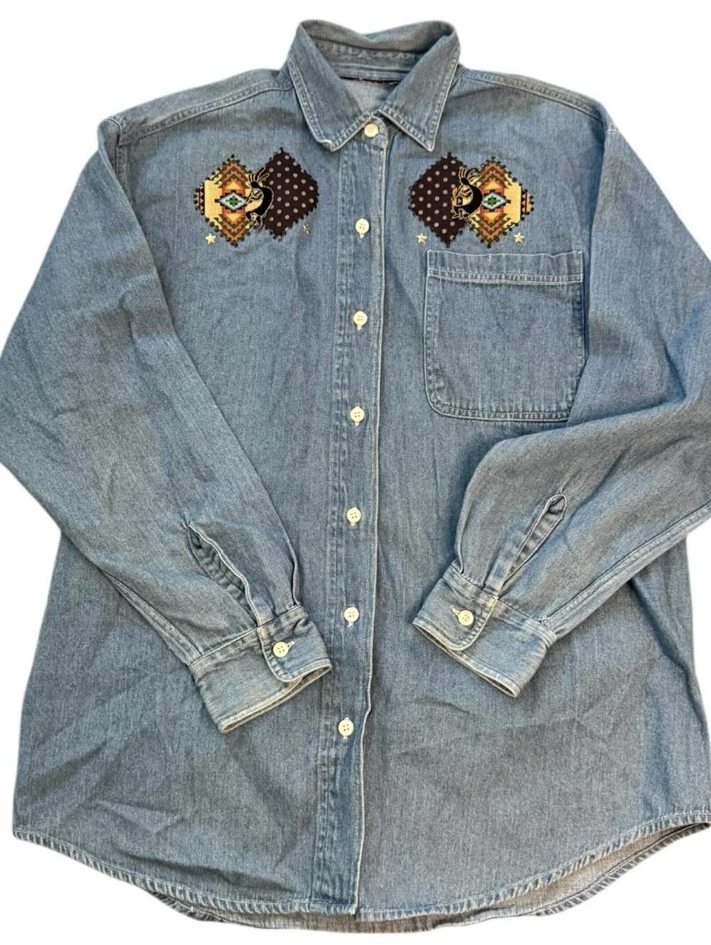 Vintage Denim Western Shirt M – Embroidered Southwest Detail